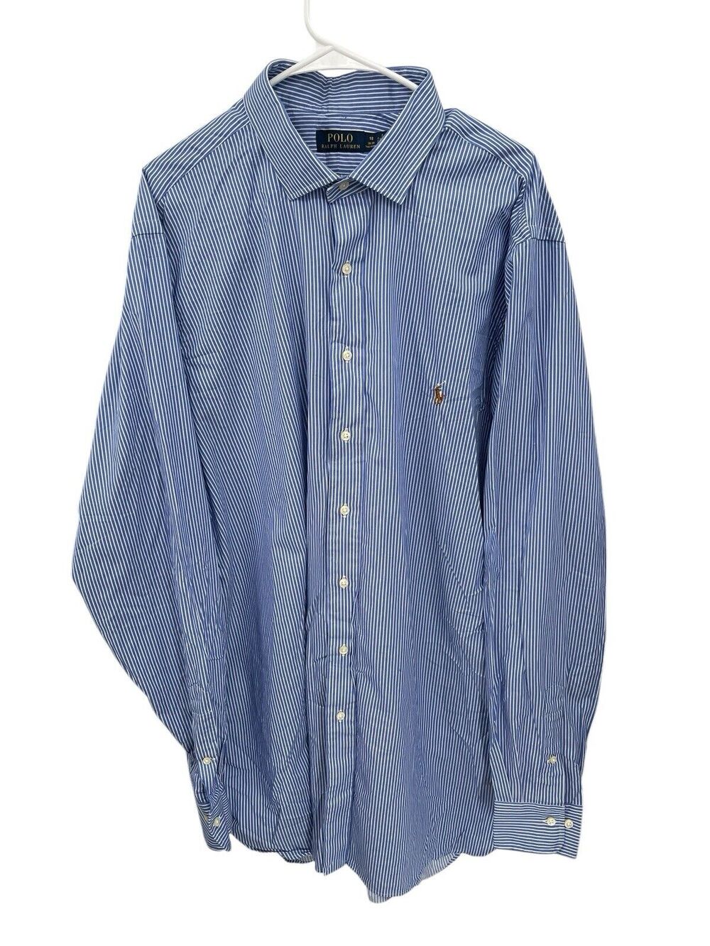 Polo Ralph Lauren Button Down Shirt Blue White Striped Cotton Size 18 38-39 Tall